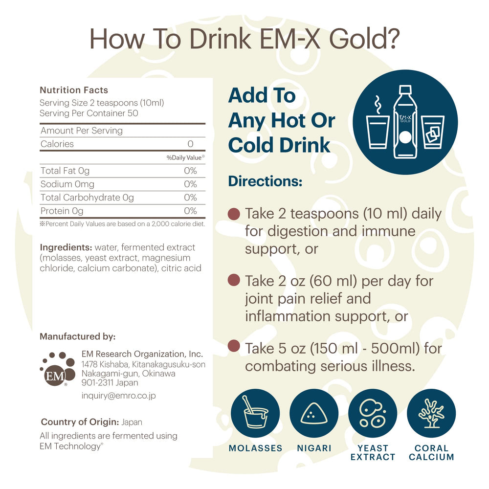 EM-X Gold ingredients list highlights natural fermentation metabolites for gut flora.
