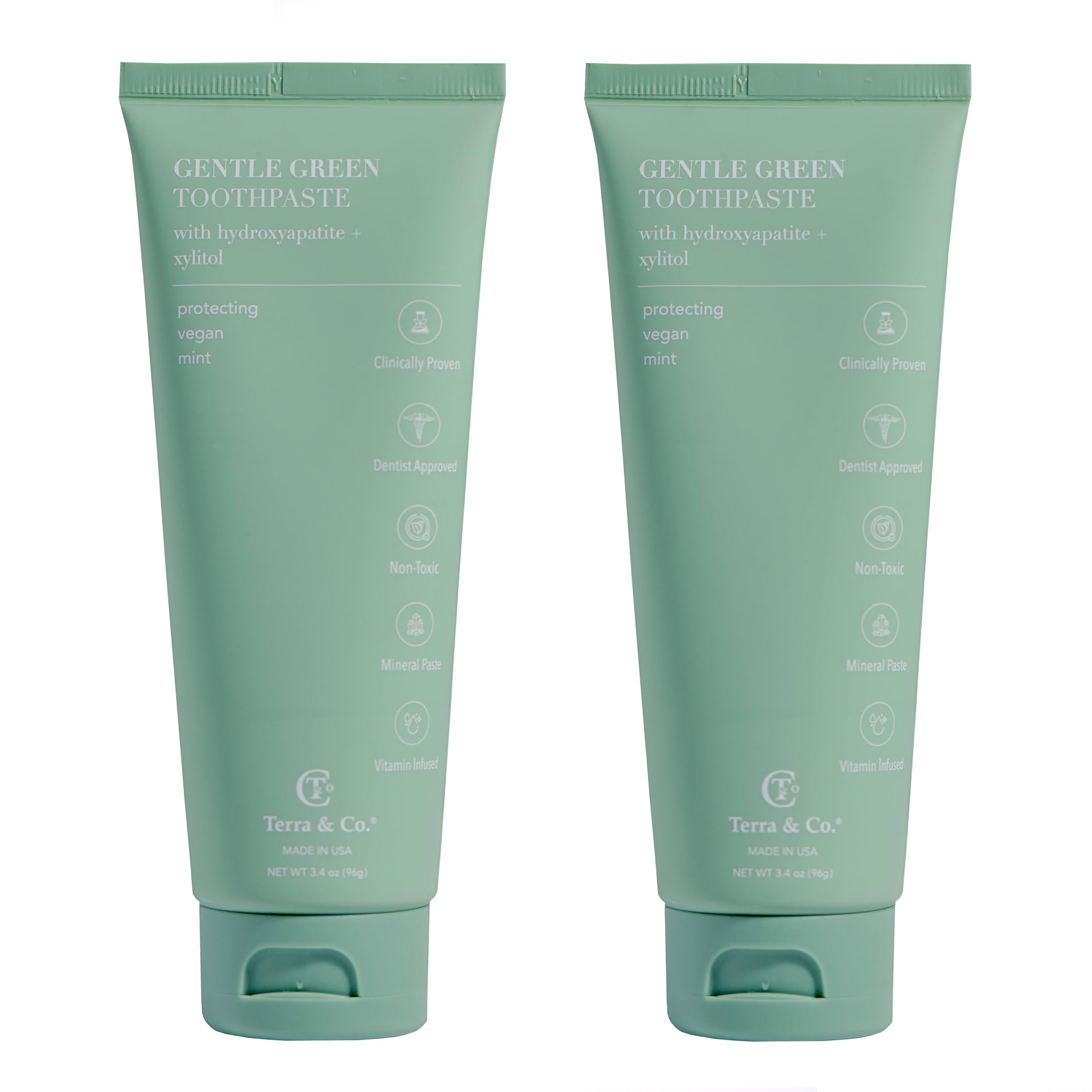 Hero shot of Terra & Co Gentle Green toothpaste in mint flavor, 3.4 oz, USA-made