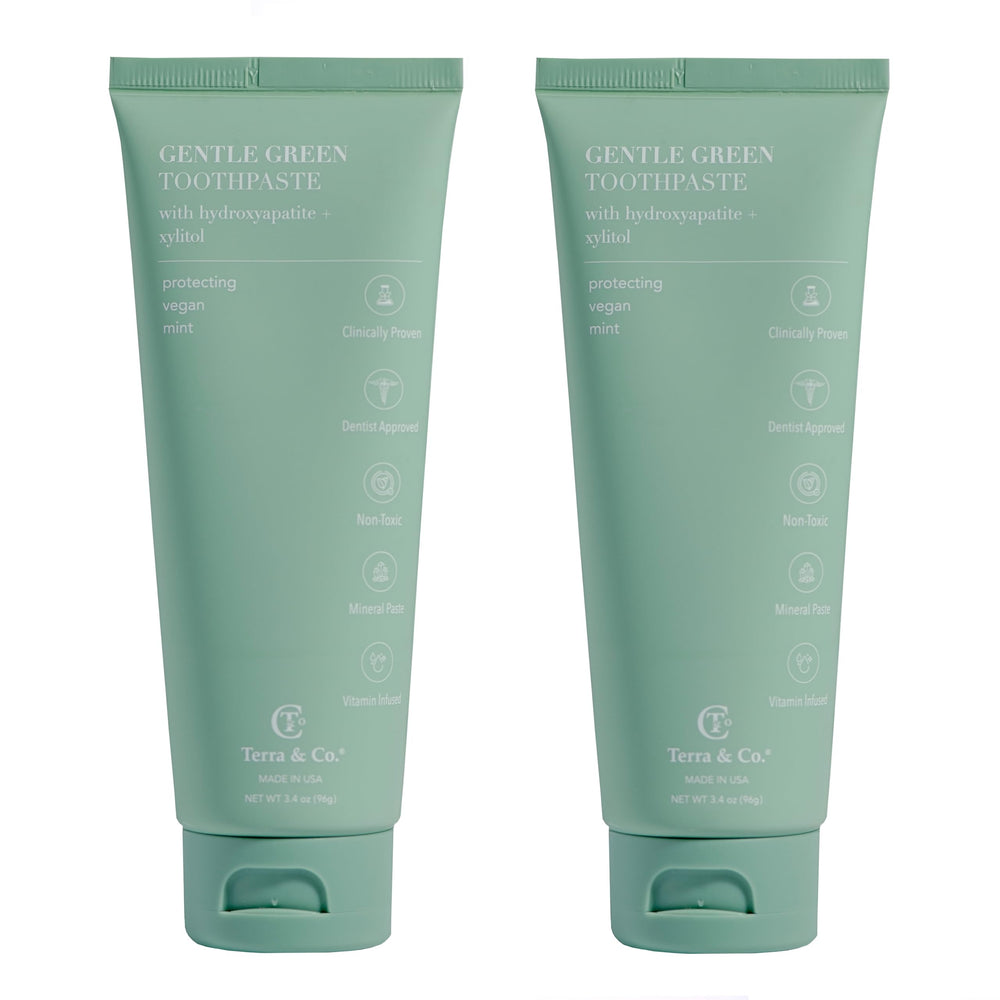 Hero shot of Terra & Co Gentle Green toothpaste in mint flavor, 3.4 oz, USA-made
