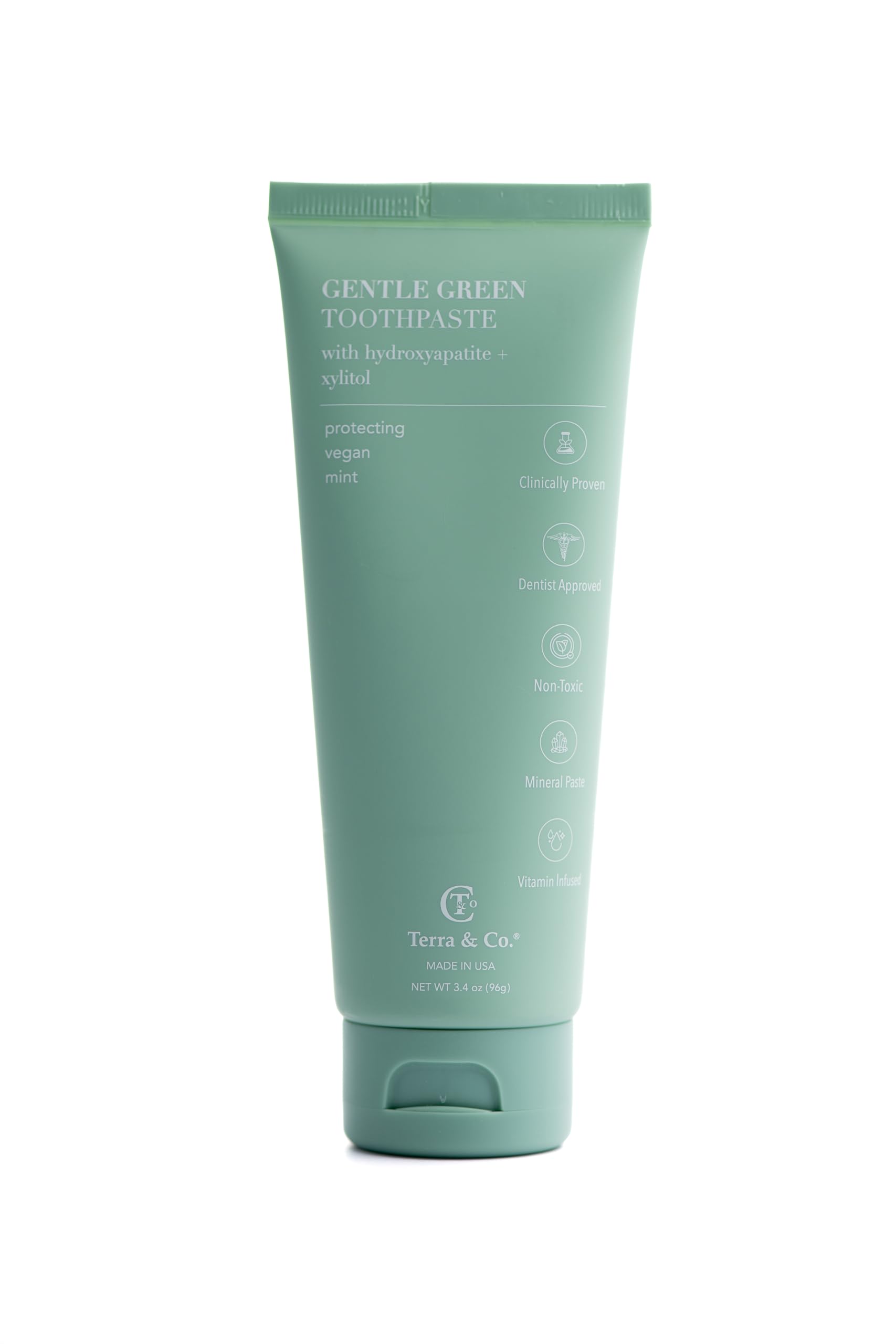 Close-up of Terra & Co Gentle Green toothpaste tube