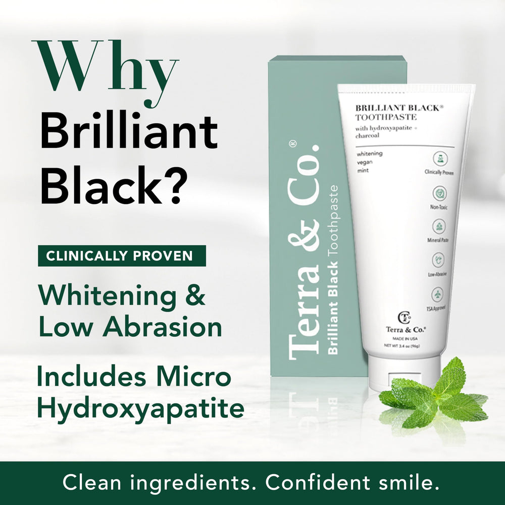 Brilliant Black toothpaste tube angled close-up