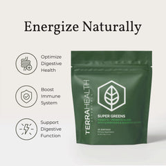 Close-up of Terra Health Essentials organic greens powder tub