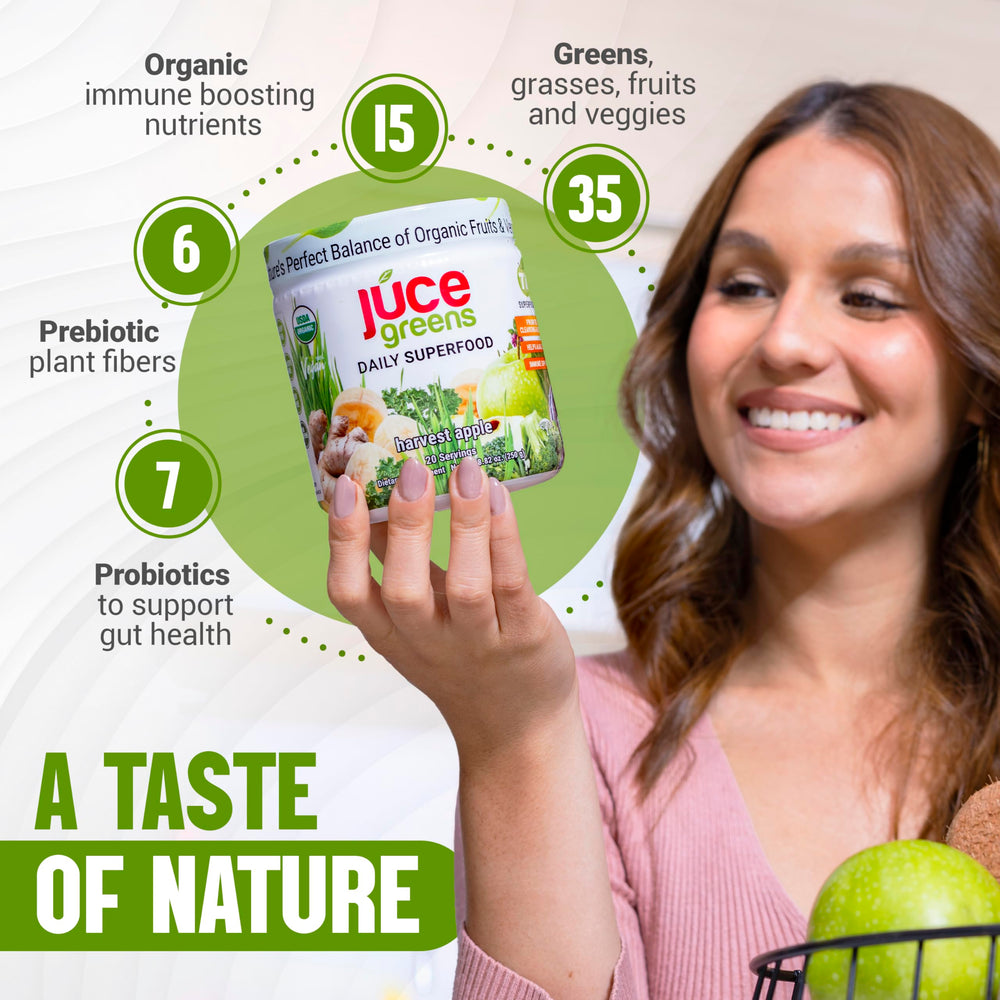 Scoop of JUCE Green Superfood powder with 77 organic superfoods visible