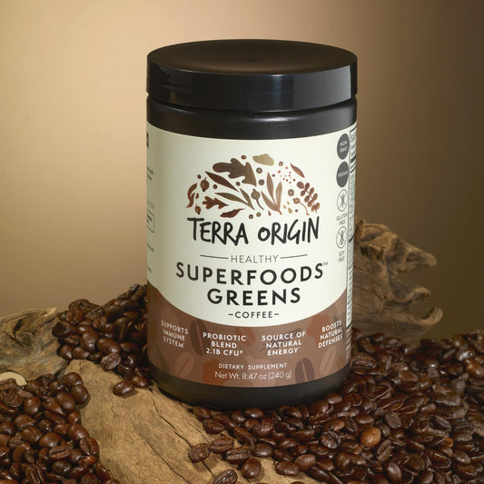 Close-up of greens detox powder ingredients including chlorella and cabbage