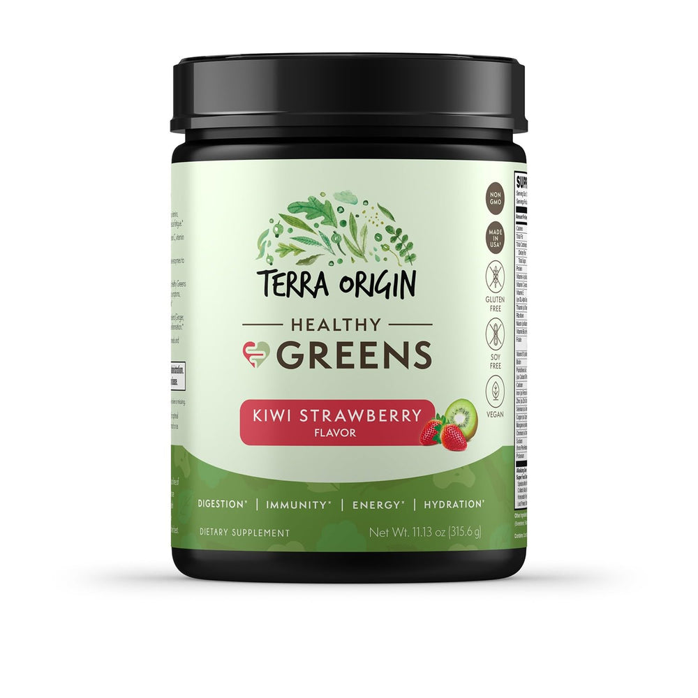 Nutrition and label graphics for Terra Origin Healthy Grees Powder
