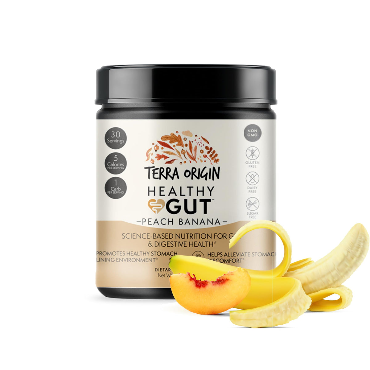 Terra Origin Healthy Gut Peach Banana powder canister – front view