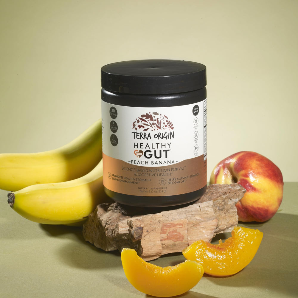 Scooping Terra Origin Healthy Gut Peach Banana powder