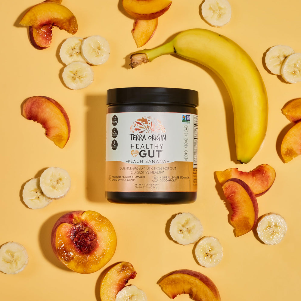 Nutrition and allergen information on Terra Origin Healthy Gut Peach Banana label