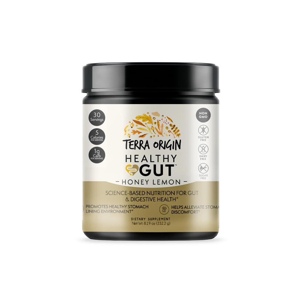 Front view of Terra Origin Healthy Gut Powder Honey Lemon 30-Servings
