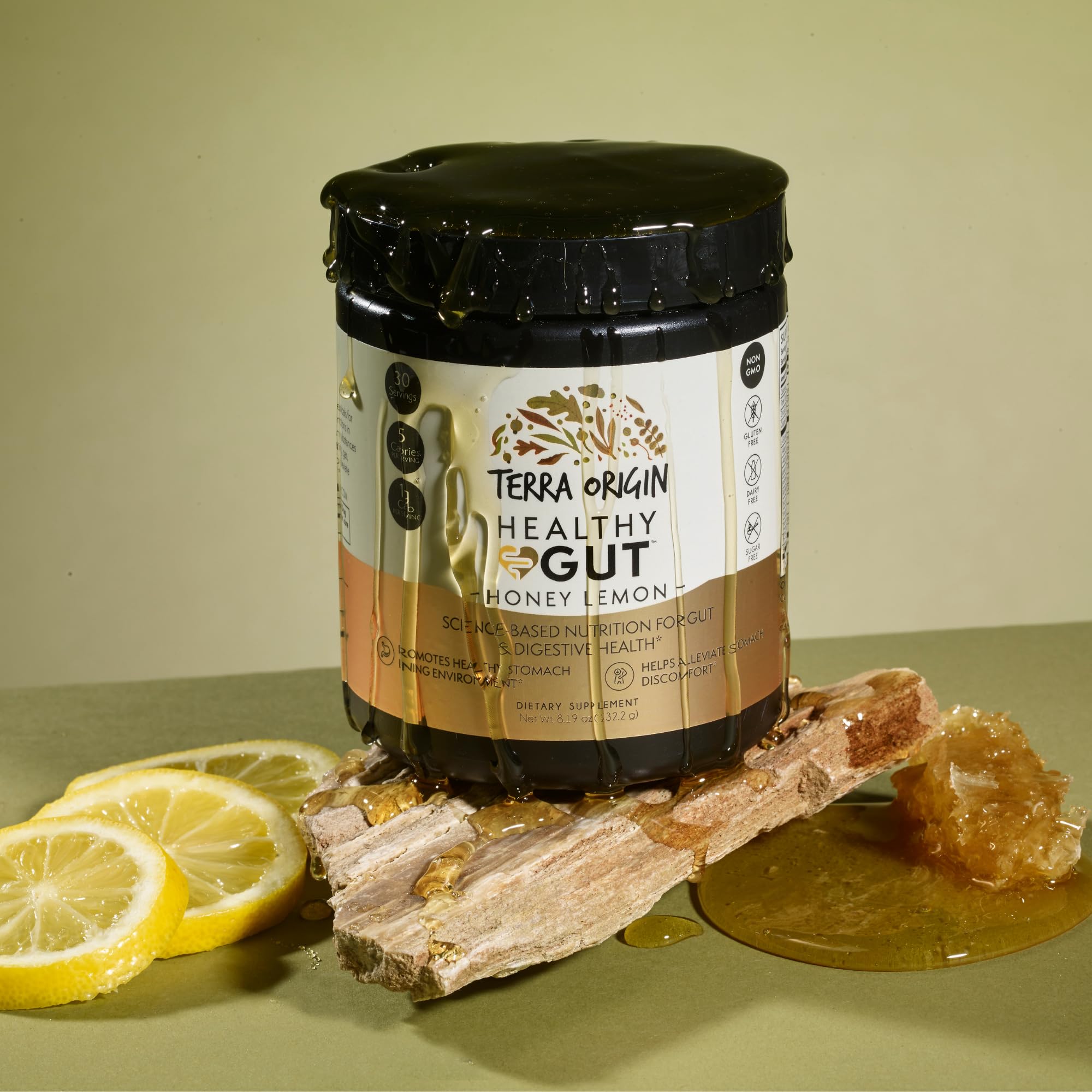 Label showing ingredients of Terra Origin Healthy Gut Powder including Glucosamine and L-Glutamine