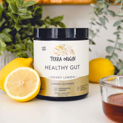 Made in the USA badge on Terra Origin Healthy Gut Powder packaging
