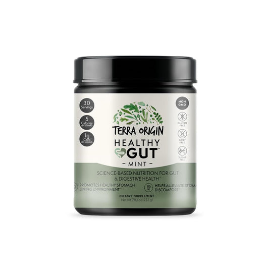Terra Origin Healthy Gut Mint Flavor powder container on white background