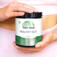 USA-made Terra Origin Healthy Gut packaging with non-GMO and gluten-free icons