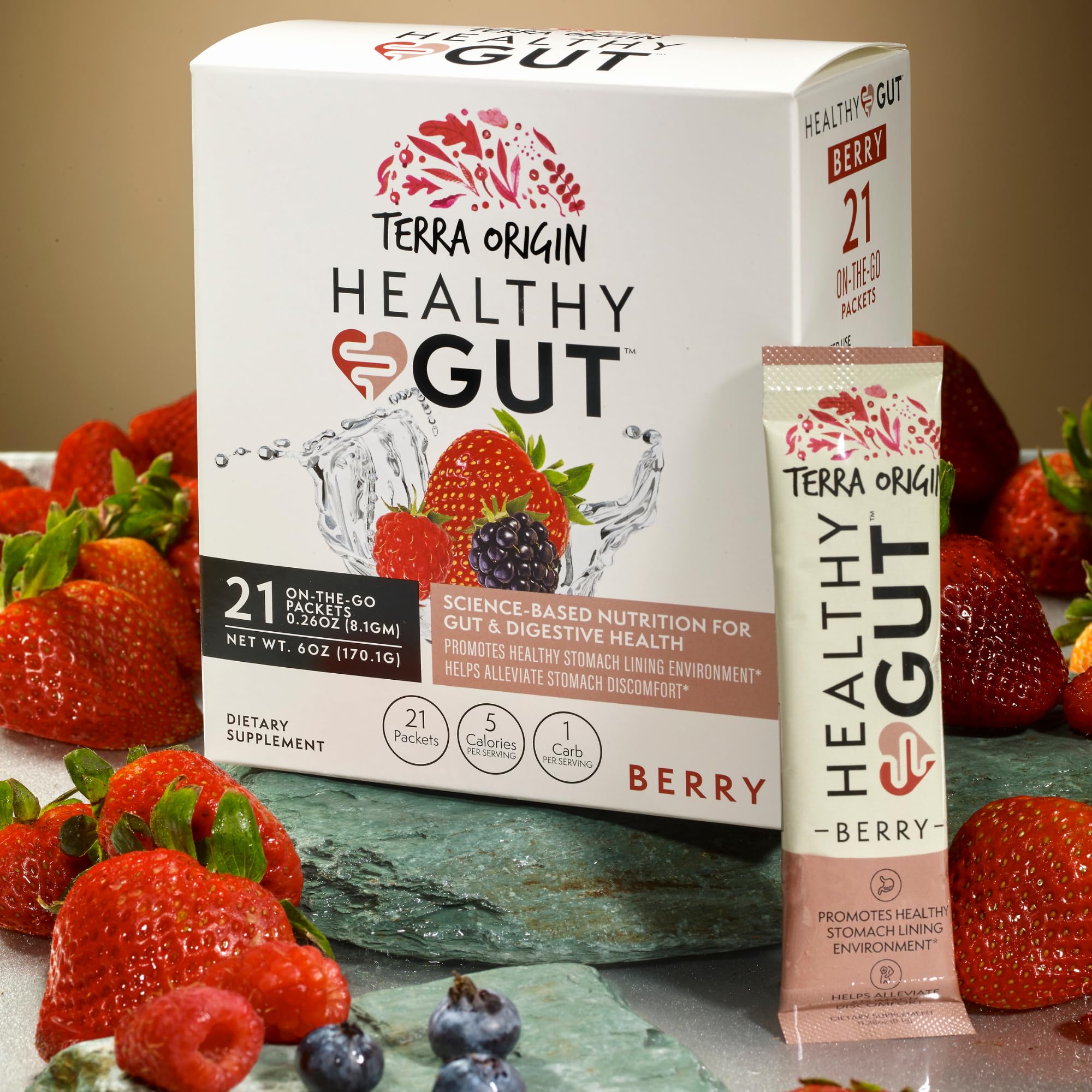 Open Terra Origin Healthy Gut Stick Packs showing individual sachets