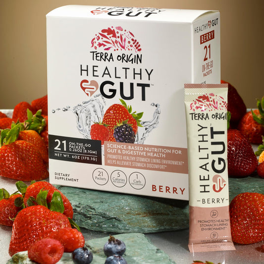 Open Terra Origin Healthy Gut Stick Packs showing individual sachets