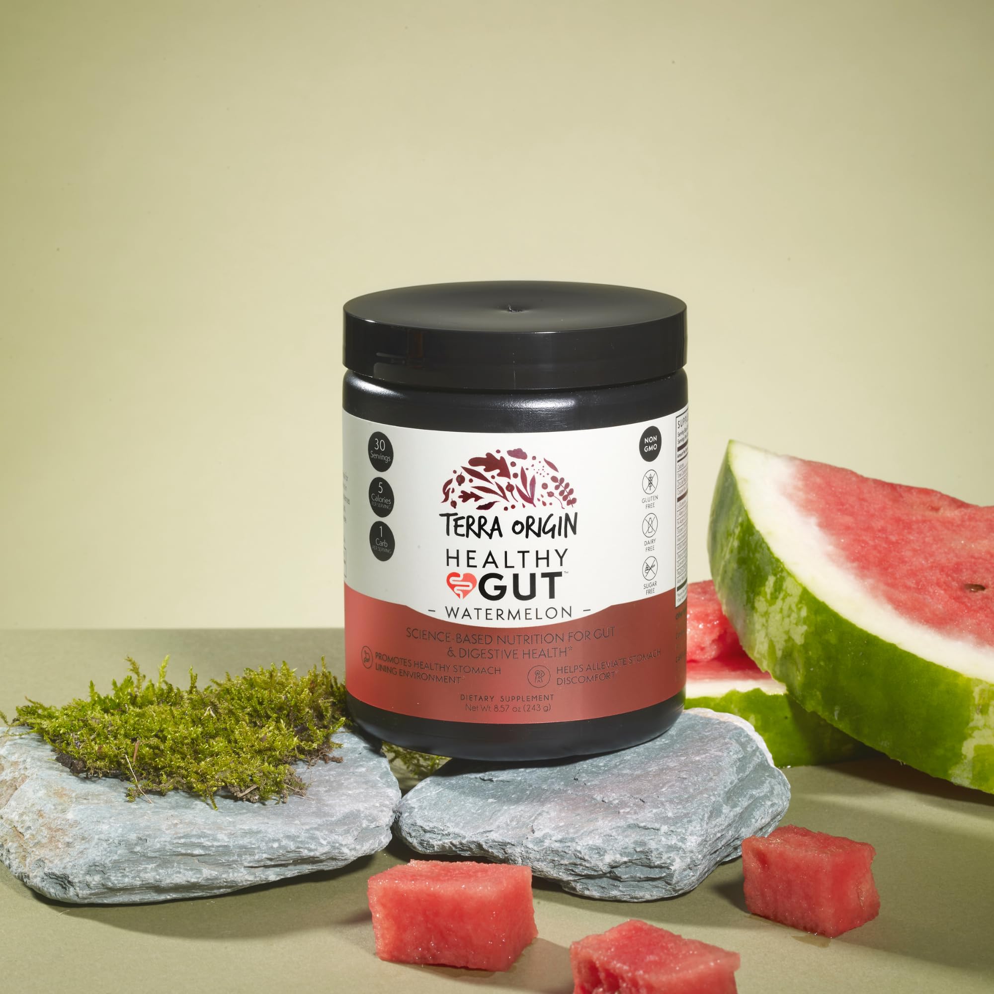 Scoop of Terra Origin Healthy Gut Powder next to bottle