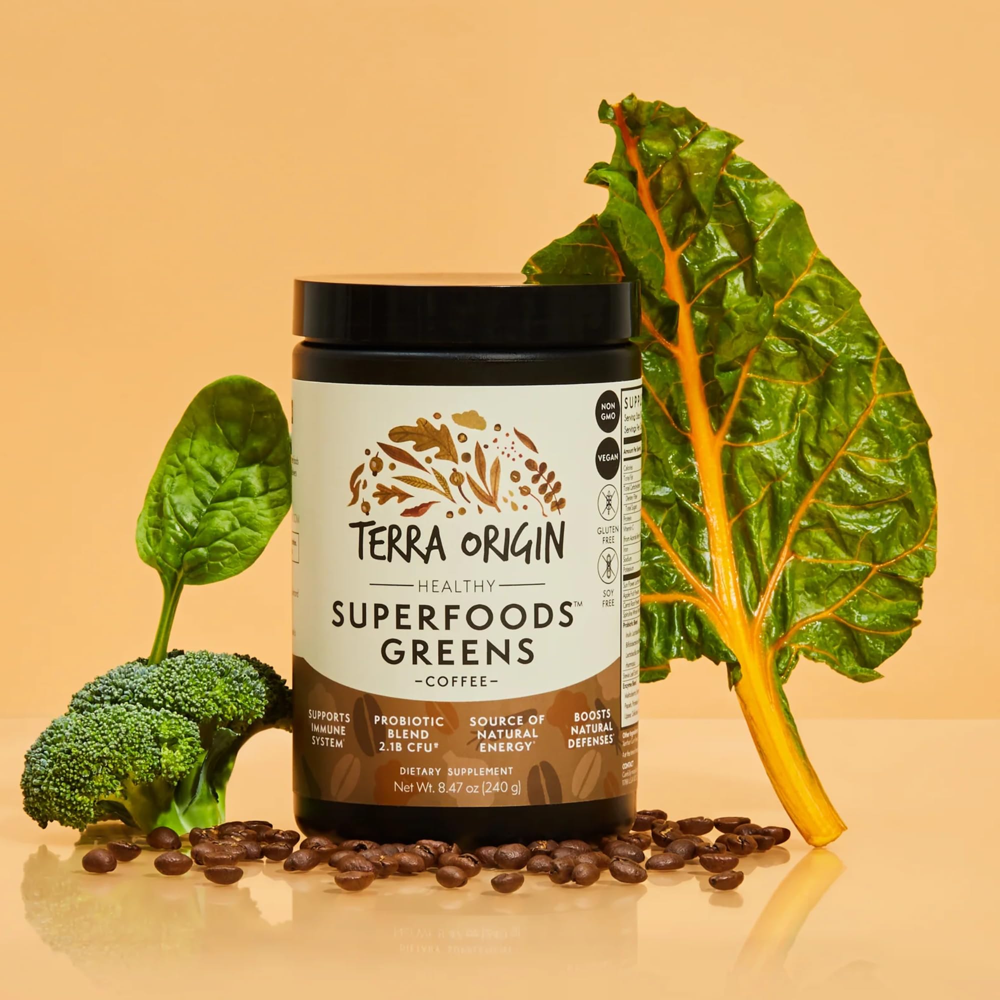 Terra Origin greens blend tub highlighting immune and digestive support