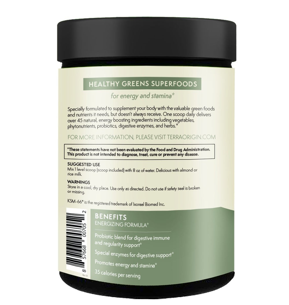 Greens powder featuring spirulina, chlorella, and wheatgrass