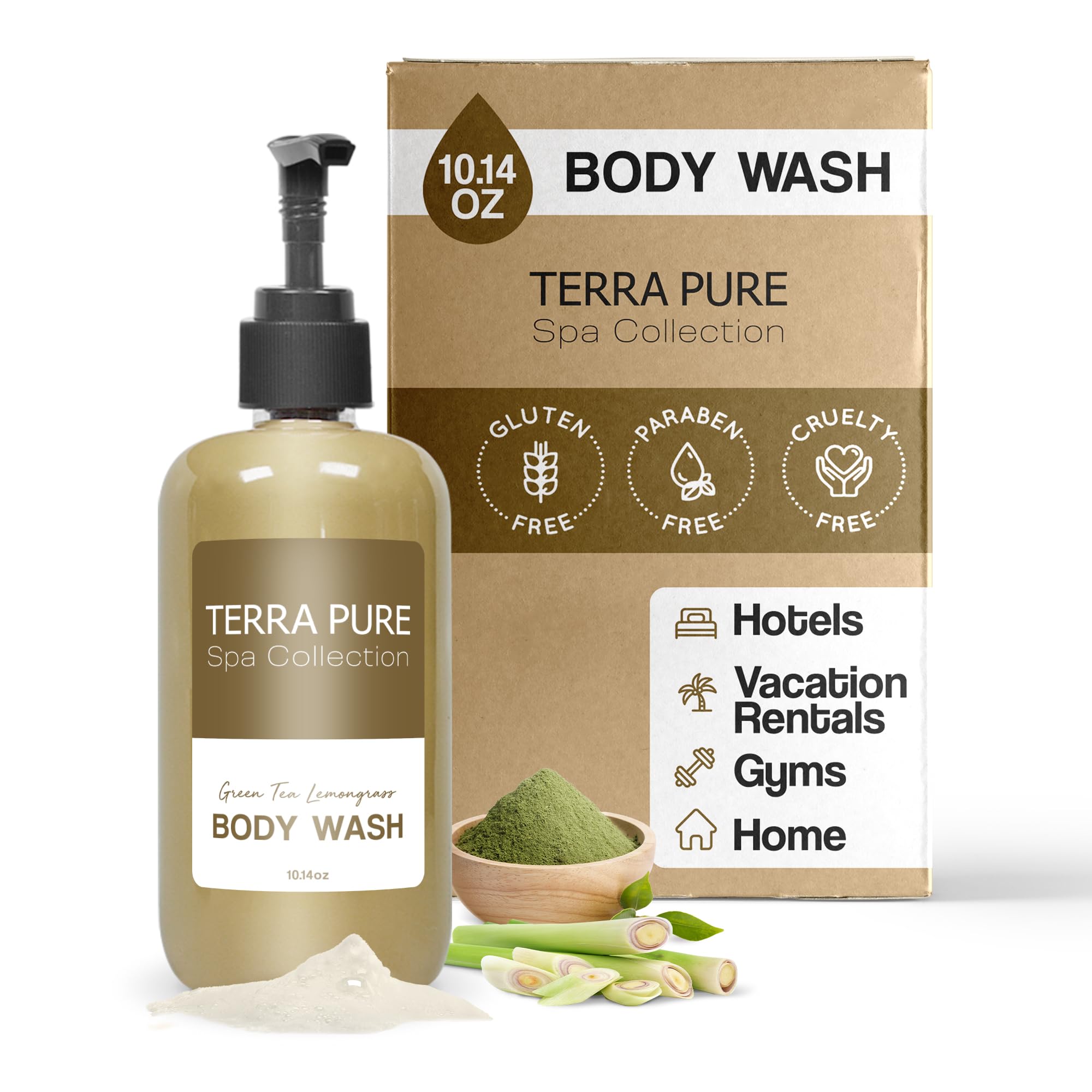 Terra Pure Body Wash Spa Collection pump bottle, ideal for hotel guest bathrooms with easy dispensing.