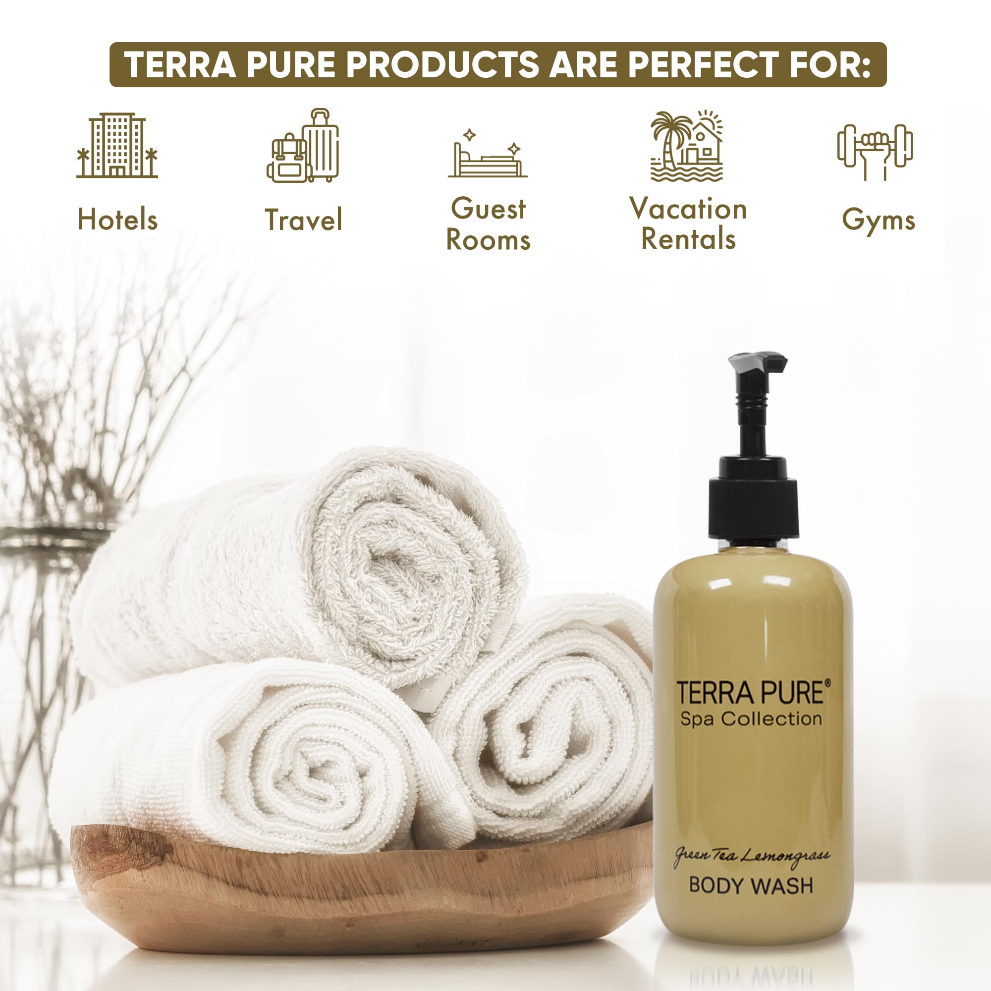Terra Pure hotel amenities gallon pack shown for bulk refills in busy properties.
