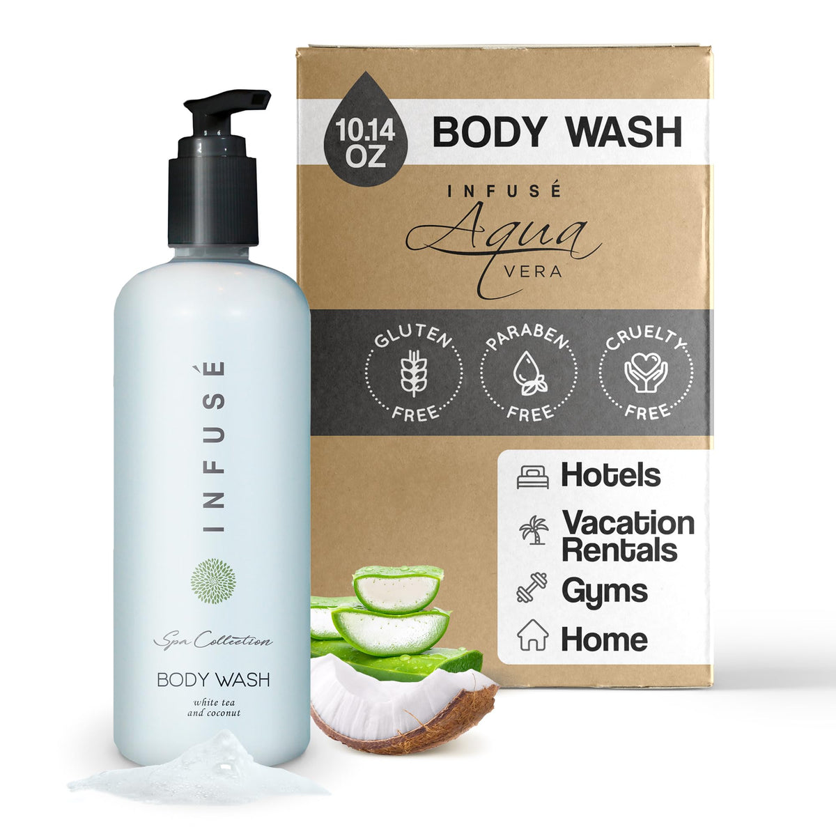 Terra Pure Infuse White Tea and Coconut Body Wash bottle front, ideal for hotel guests