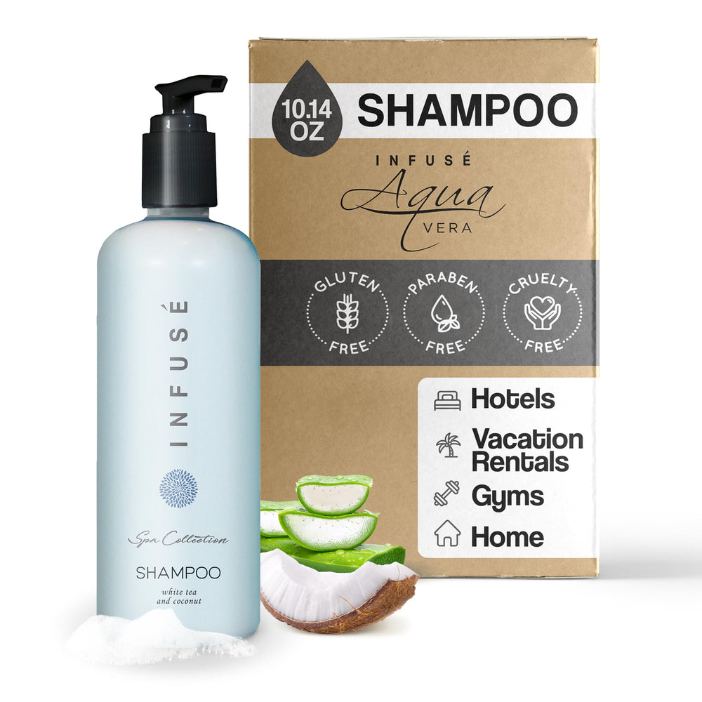 Terra Pure Infuse shampoo bottle in guest bathroom, ideal for vacation rentals