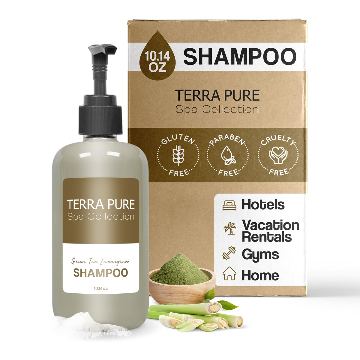 Terra Pure Shampoo spa collection front bottle pump, compact hotel-ready design for guests.