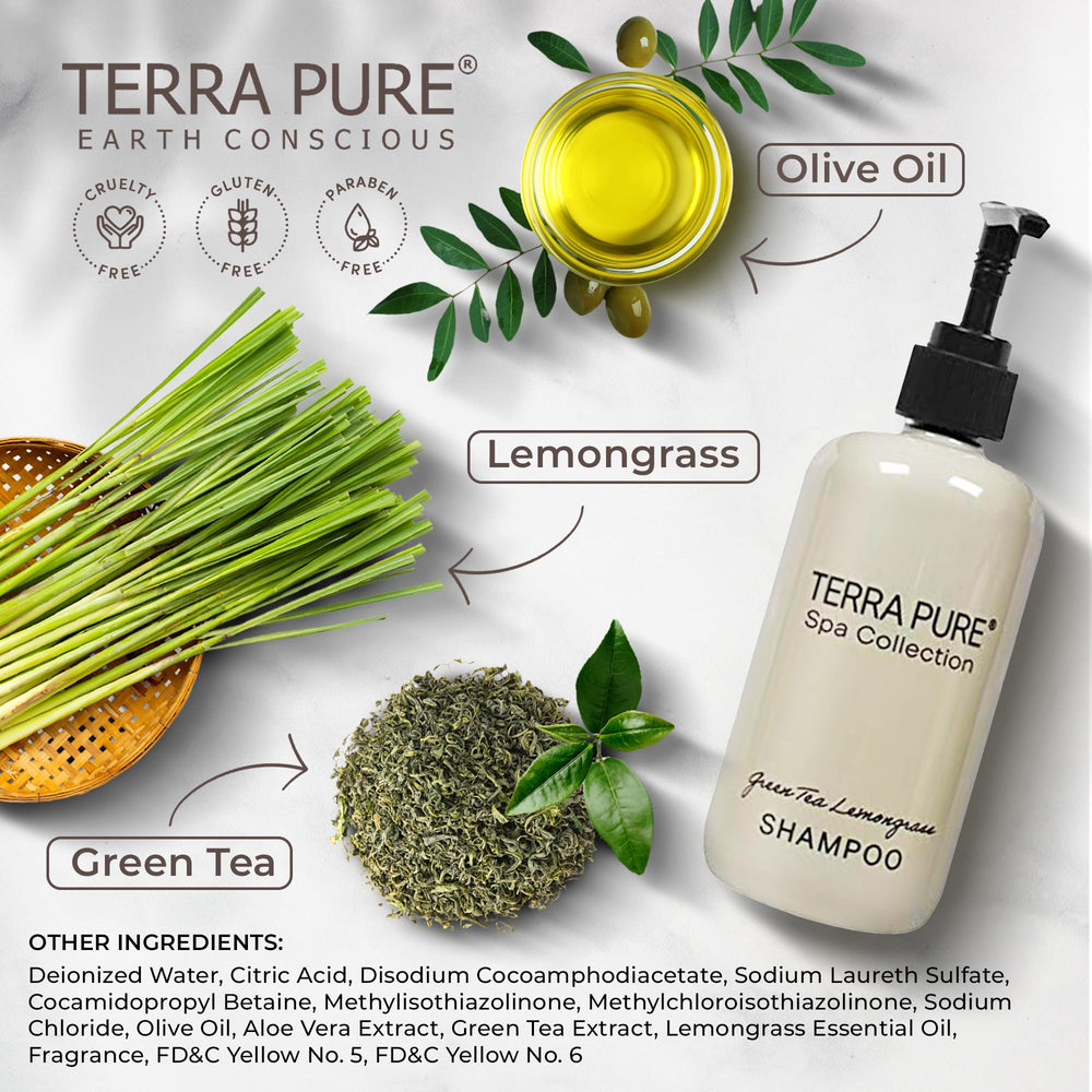 Terra Pure Spa Shampoo on hotel bathroom shelf, ready for guest use.