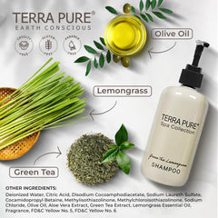 Terra Pure Spa Shampoo on hotel bathroom shelf, ready for guest use.