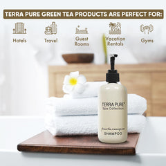 Terra Pure Spa Shampoo pump-dispense close-up highlighting easy control for guests.
