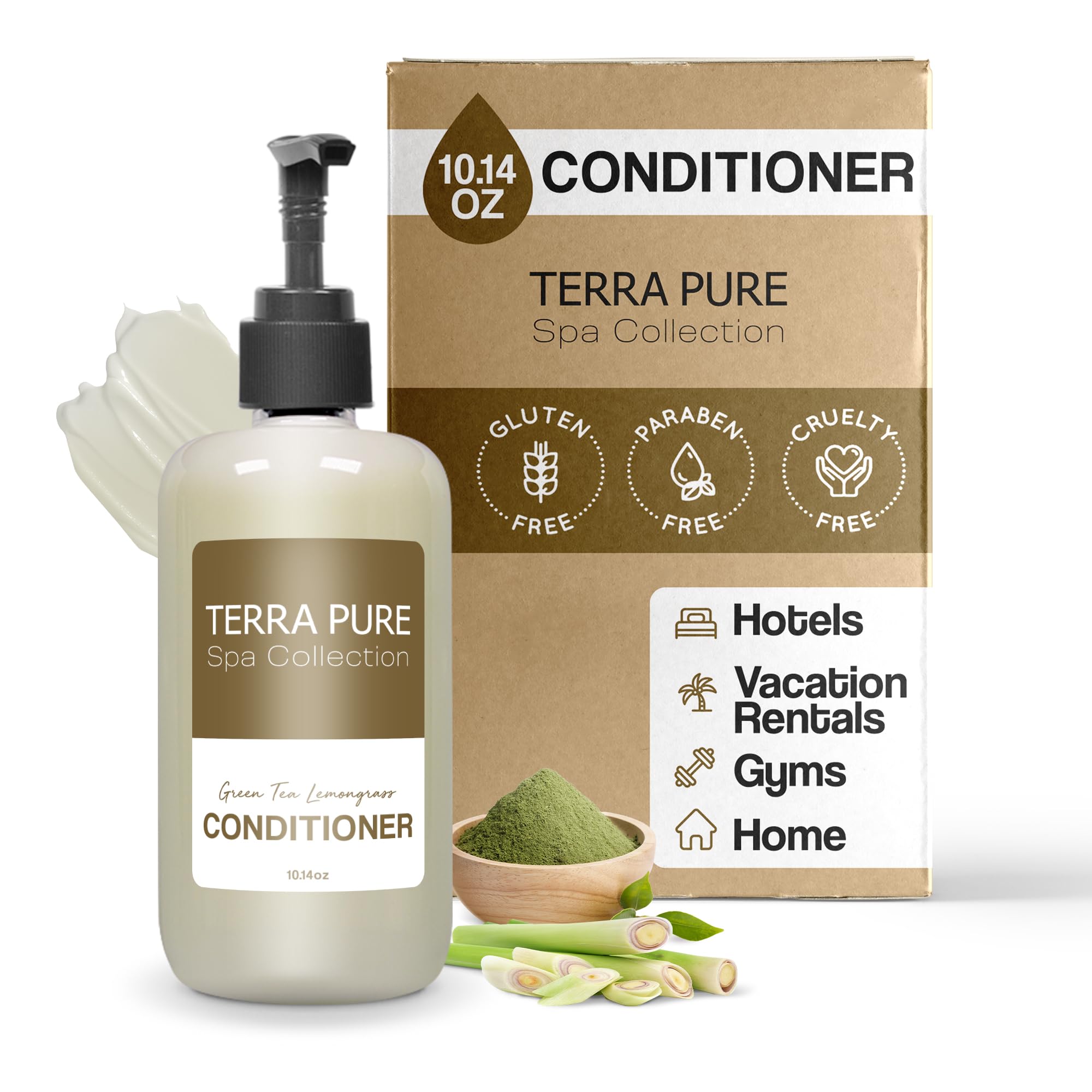 Terra Pure Spa conditioner bottle front view, ideal hotel amenity for guest comfort