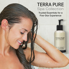 Guest room bathroom scene with Terra Pure conditioner, signaling seamless guest experience