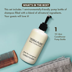 Terra Pure Spa conditioner label visible, highlighting bulk hotel amenities for guests