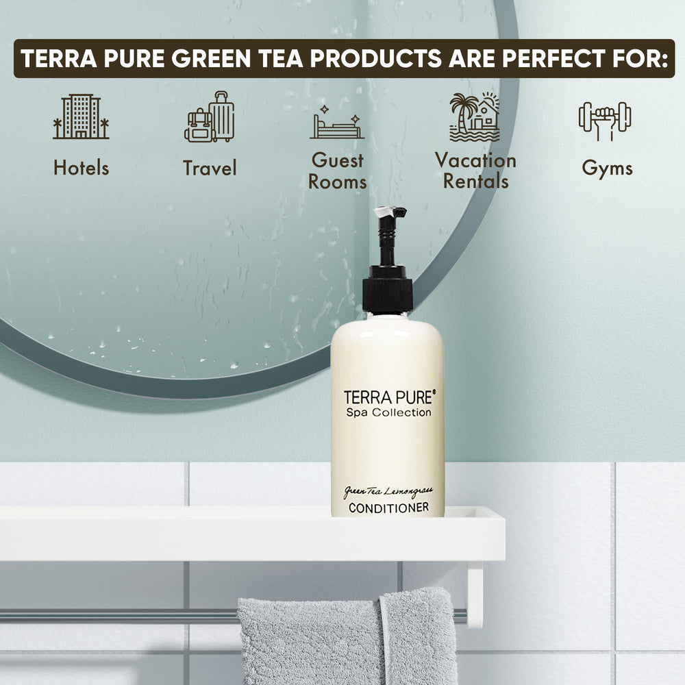 Terra Pure Spa conditioner being poured, showing compact size for efficient bathroom storage