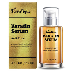 TERRAFIQUE Keratin Serum bottle shown for smooth frizz control and easy styling.