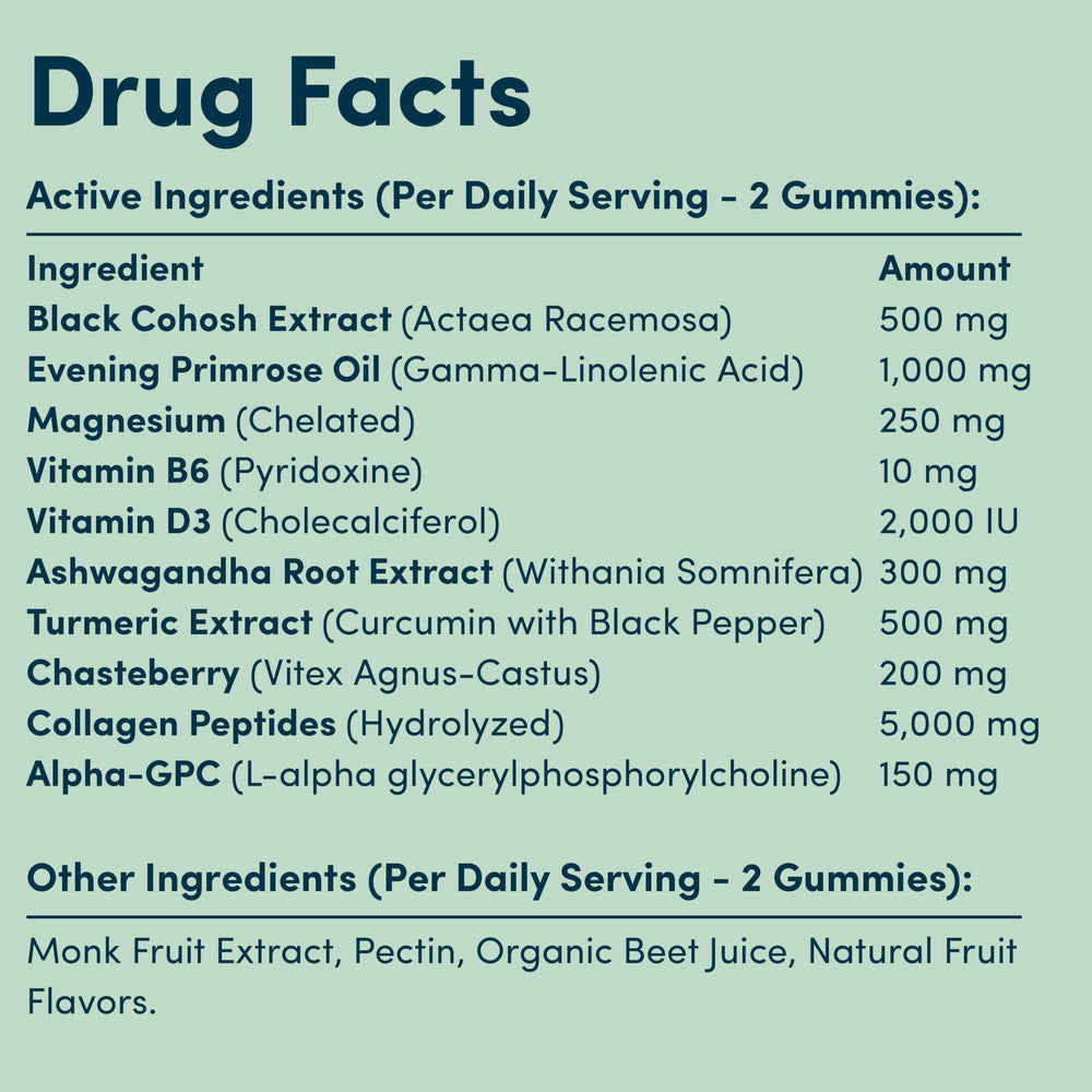 Terramed Just Think Comfort perimenopause gummies bottle side highlighting vegan formula for hormonal balance.
