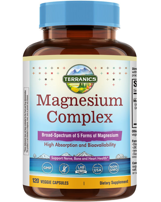Terranics 5-in-1 Magnesium Complex 500mg bottle and capsules