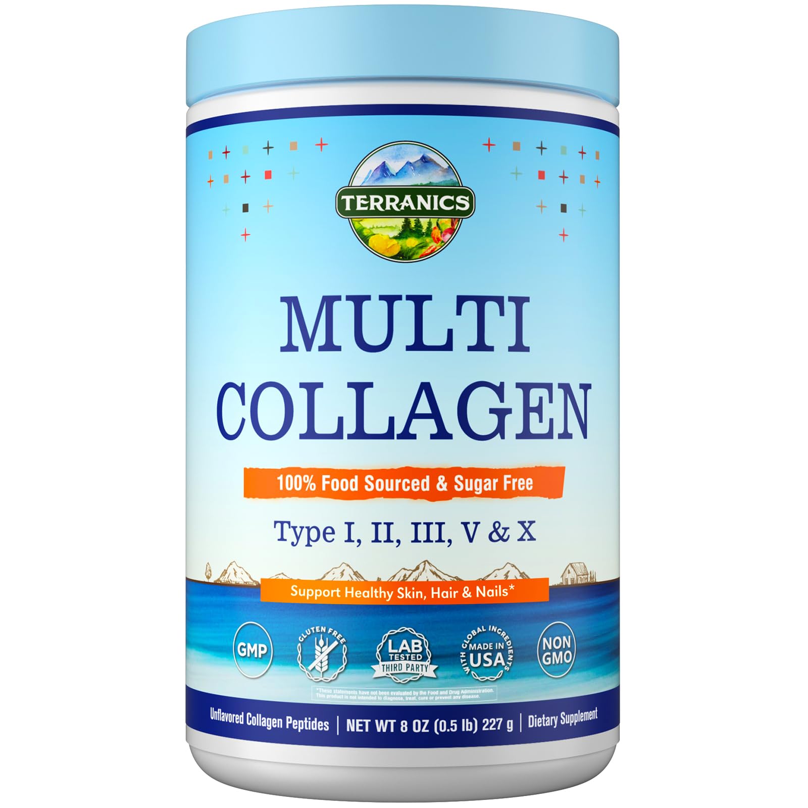 Terranics Multi Collagen Peptides Powder bottle 8oz front view