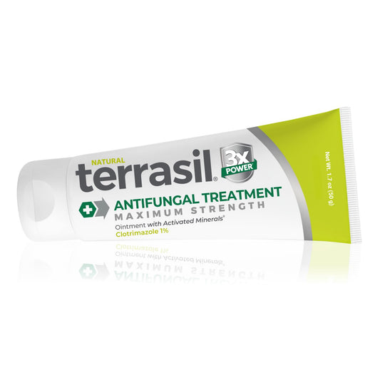 Terrasil Antifungal Cream tube front highlights 1% clotrimazole for quick itching relief.