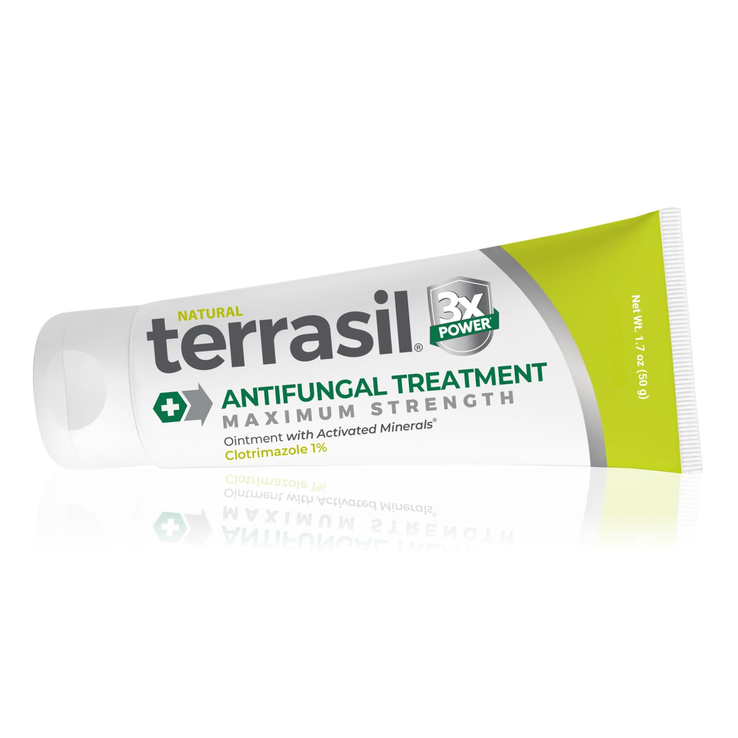Terrasil Antifungal Cream tube front highlights 1% clotrimazole for quick itching relief.