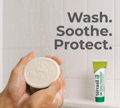Terrasil antifungal soap bar close-up emphasizing natural ingredients like coconut oil and shea butter
