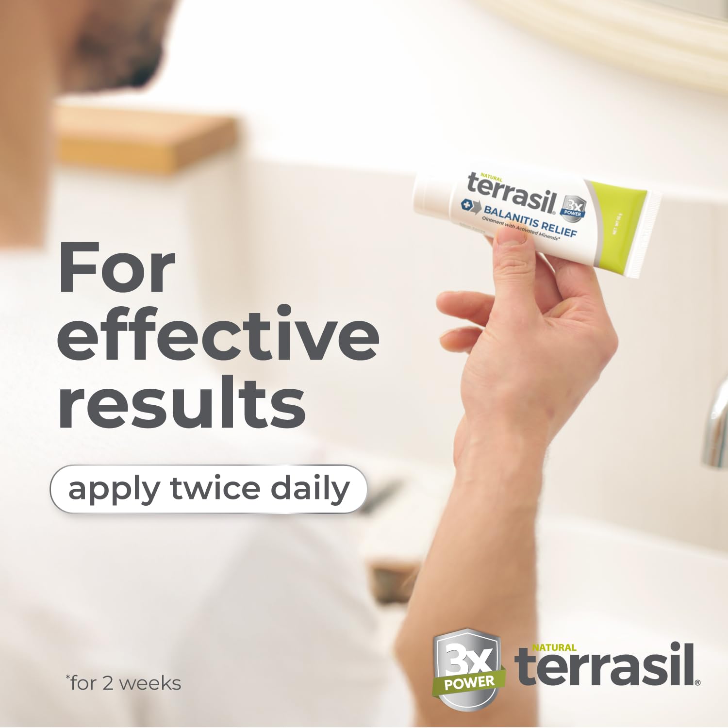 Terrasil application routine photo demonstrates clean finger application for daily use.