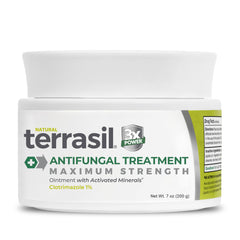 Terrasil Clotrimazole cream tube closeup for easy application and irritation relief.