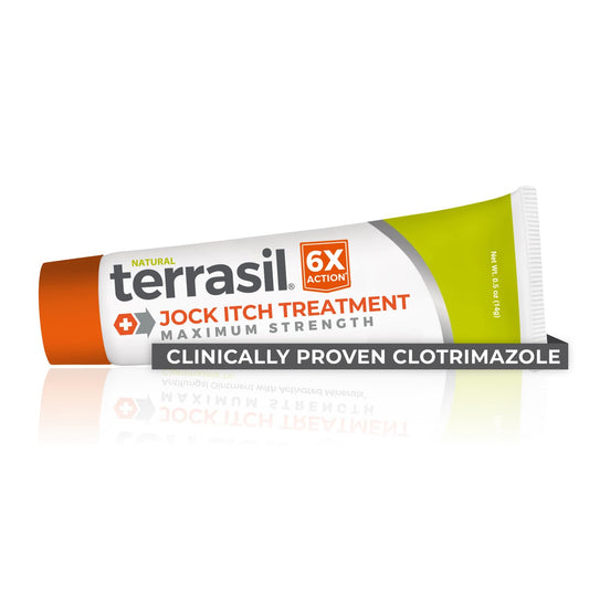 Terrasil Jock Itch Cream tube closeup highlighting fast-acting antifungal relief for irritated skin
