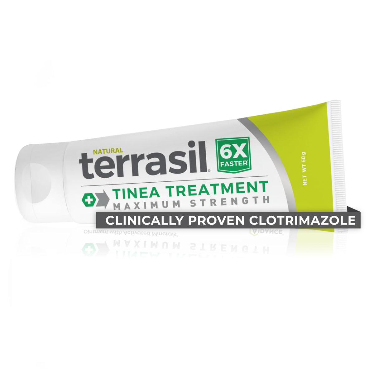 Terrasil Tinea Cream tube close-up highlighting antifungal action for itchy skin