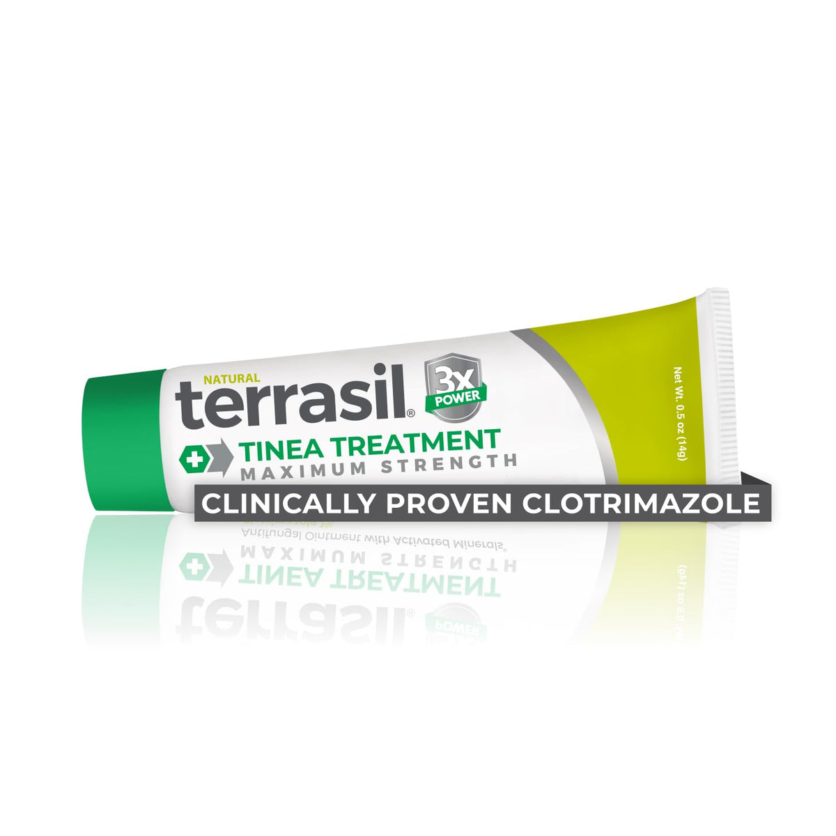 Terrasil Tinea Cream tube close-up highlighting 1% clotrimazole for fungal care.