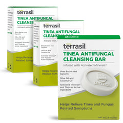 Terrasil Tinea Soap 3-pack display shows soothing antifungal relief for skin.