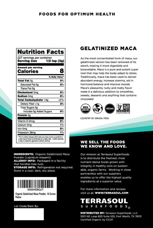 Terrasoul Gelatinized Maca Powder 16oz back label and nutrition