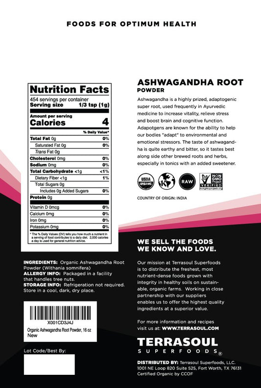 Terrasoul Ashwagandha Root Powder 6oz package label close-up