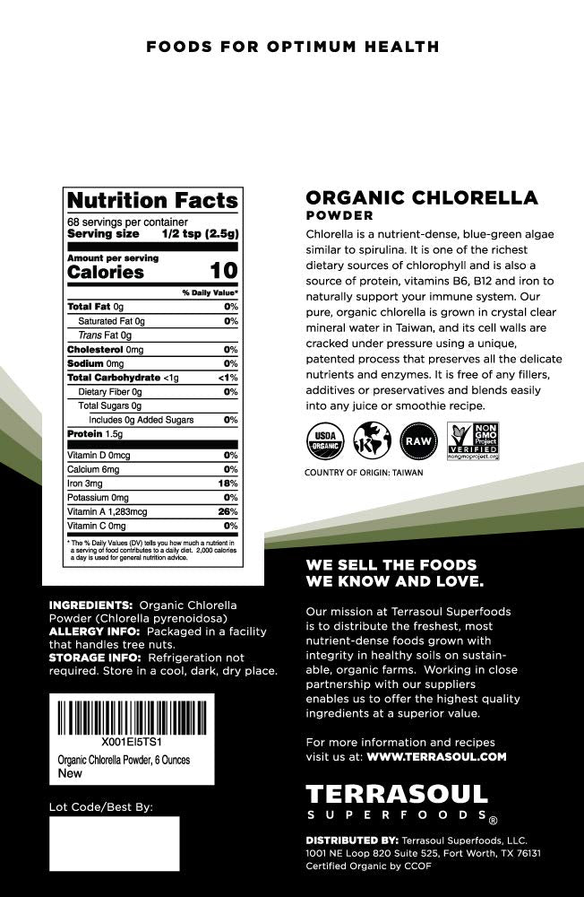 Terrasoul Organic Chlorella Powder cracked cell walls back label with nutrition facts